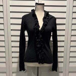 The Limited Gray ribbed ruffle button down V-Neck Sweater